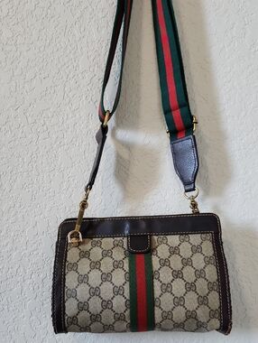 Gucci Beige Brown GG Canvas Crossbody with Green Red Web Stripe
